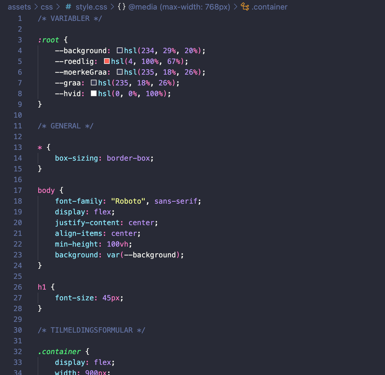 Billede af variabler og farver under root i CSS til tilmeldingsformularen