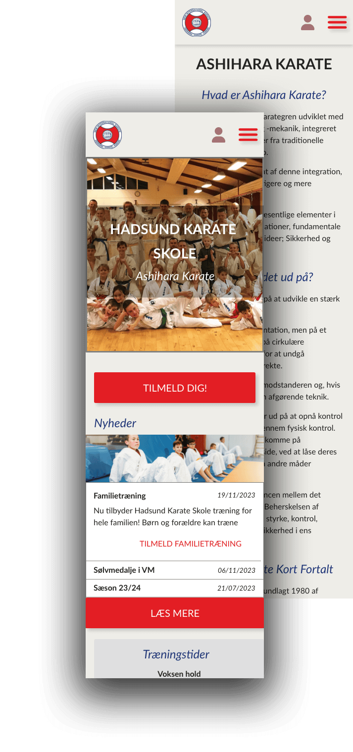 Mobilversion af responsivt website-design for Hadsund Karate Skole